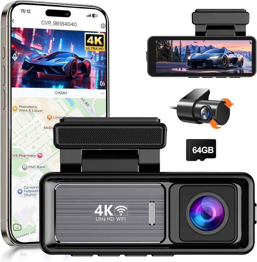 4K Ultra HD Dash Cam, Dual Lens Front and Rear Camera, 3.2" IPS Screen, GPS WiFi