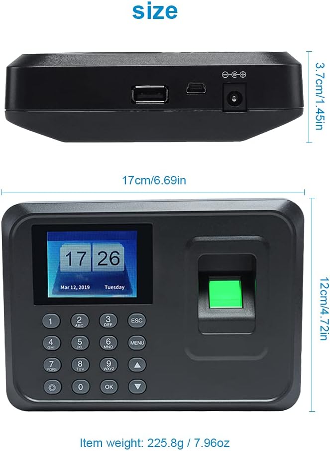Intelligent Biometric Fingerprint, 2.4 inch TFT LCD Screen DC 5V Time Attendance Clock