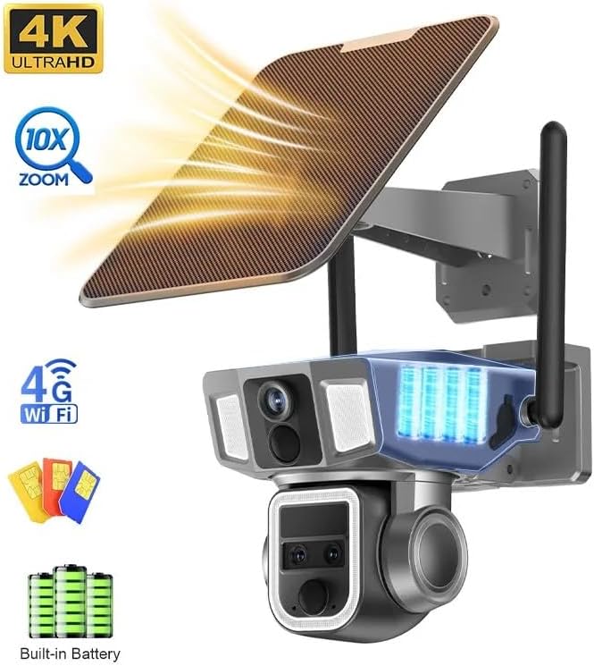 Solar Security Camera Home - Night Vision 4K Triple-Lens 10X Optical Zoom, 4G/Wi-Fi Connectivity,355°PTZ