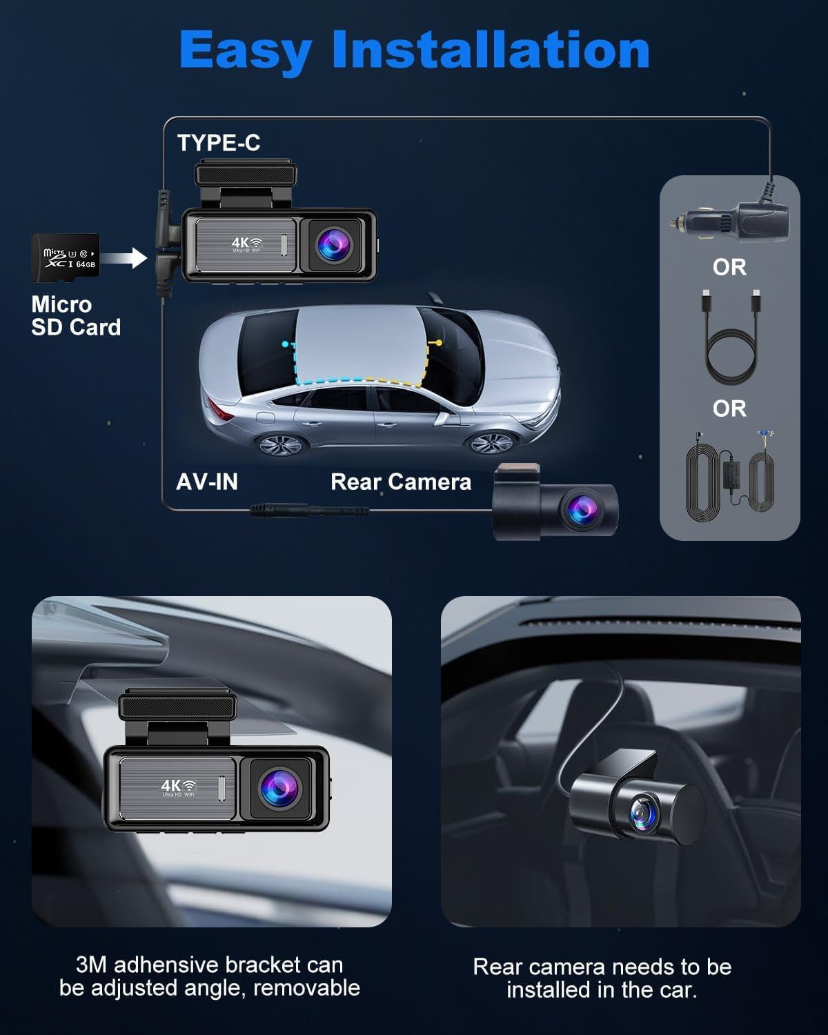 4K Ultra HD Dash Cam, Dual Lens Front and Rear Camera, 3.2" IPS Screen, GPS WiFi