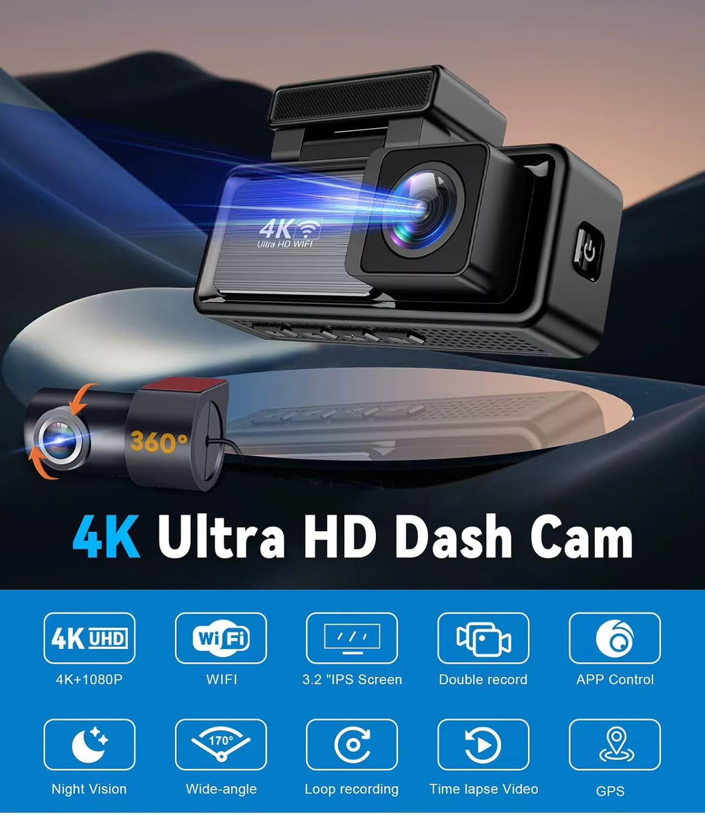 4K Ultra HD Dash Cam, Dual Lens Front and Rear Camera, 3.2" IPS Screen, GPS WiFi