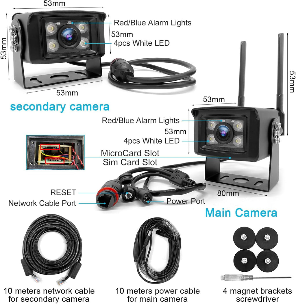 3G/4G LTE Truck/ Viechle Camera No WiFi, Security Camera Outdoor with Sim Card, Sound & Light Alarms