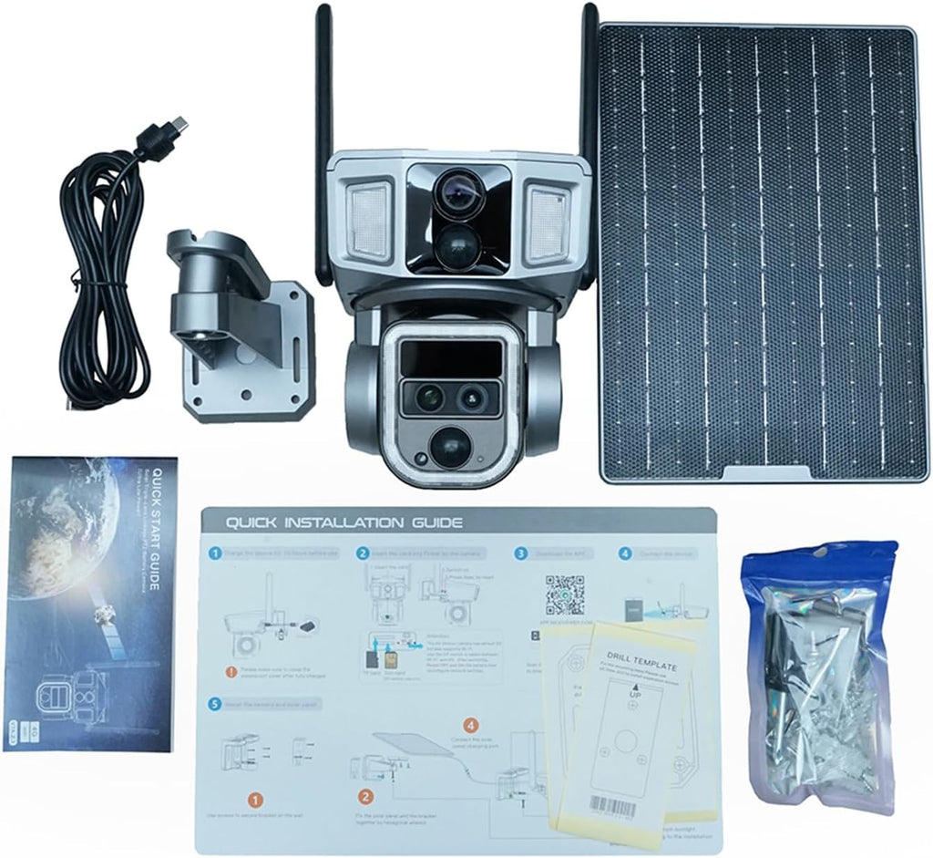 Solar Security Camera Home - Night Vision 4K Triple-Lens 10X Optical Zoom, 4G/Wi-Fi Connectivity,355°PTZ