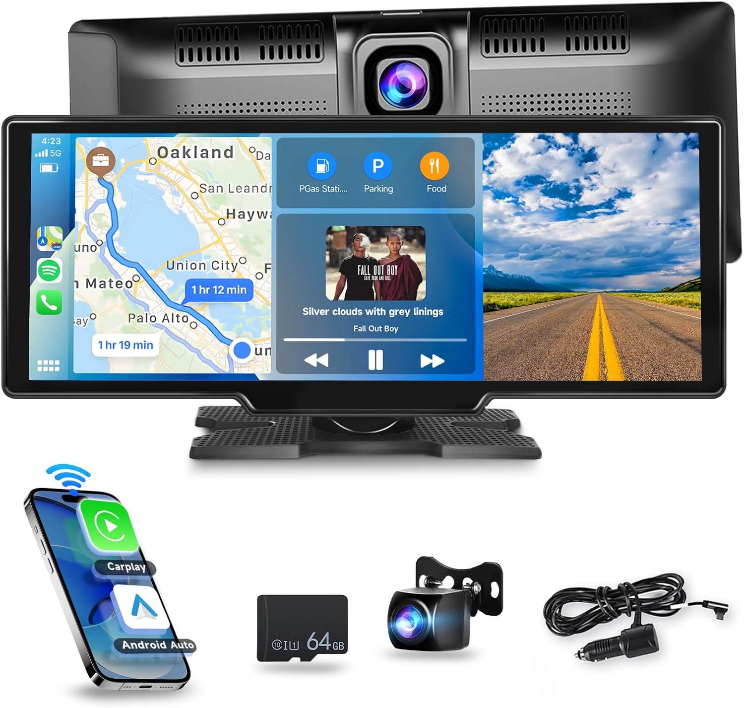 Portable Car Stereo Wireless Carplay/Android Auto with 2.5K Dash Cam