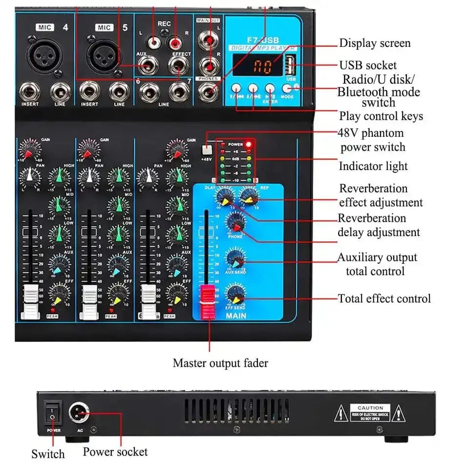 F7 Professional Audio Mixer Console 7-Channel