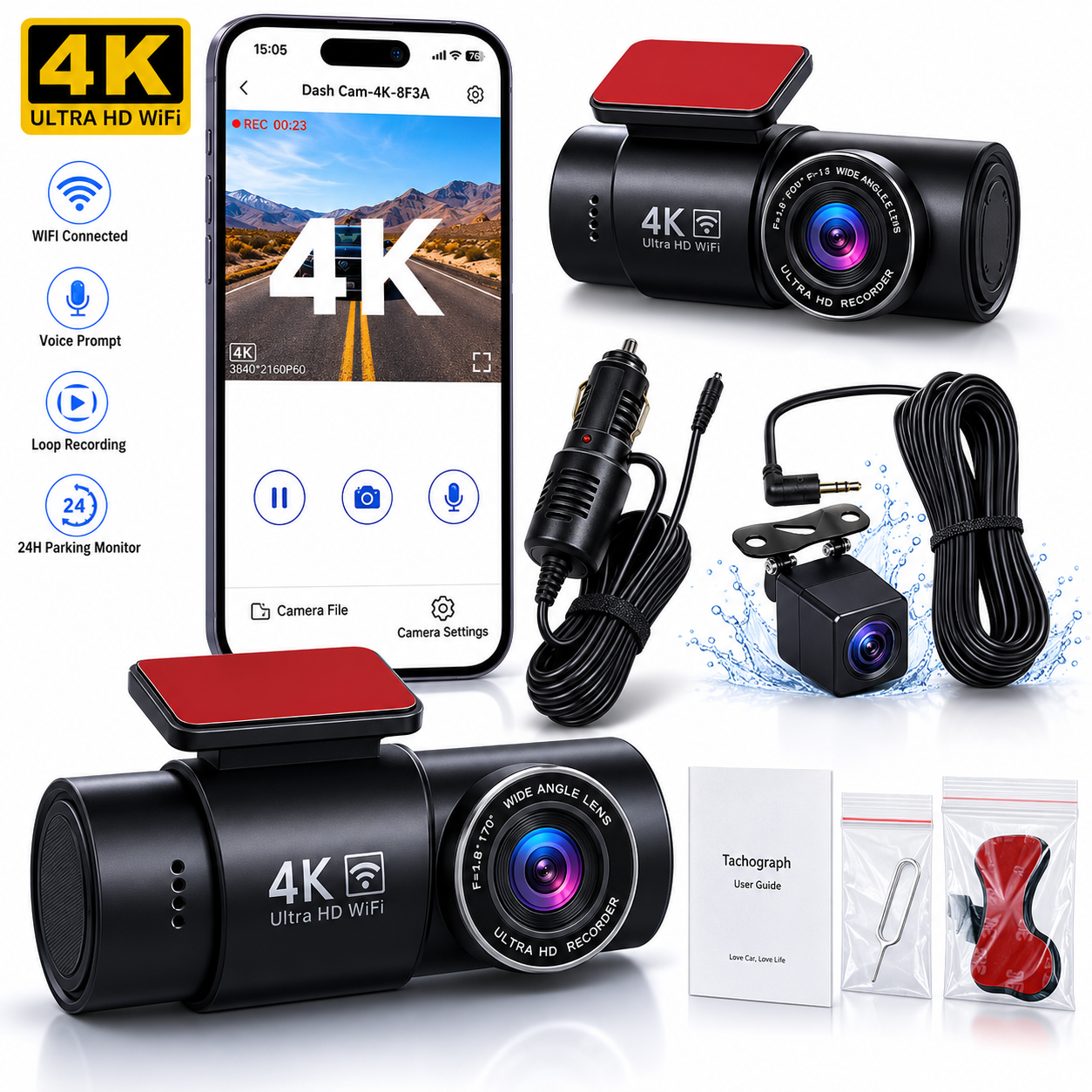 4K Ultra HD Dash Cam, Dual Lens Front and Rear Camera, IPS screen with Mobile  WiFi