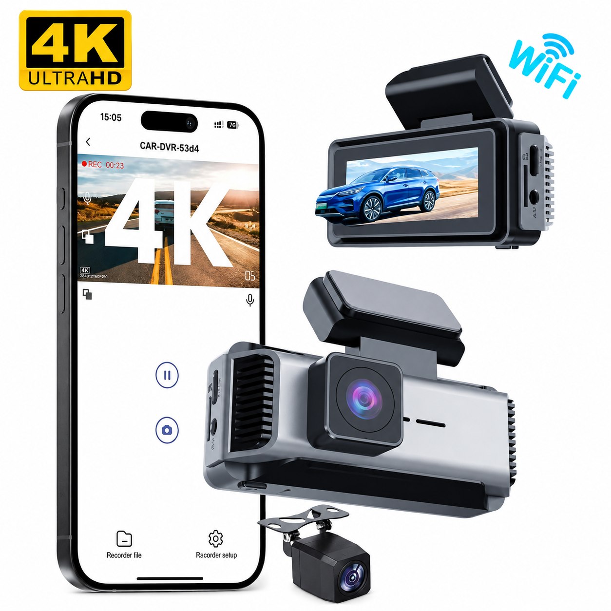 4K Ultra HD Dash Cam, Dual Lens Front and Rear Camera, 3.2" IPS Screen, Mobile WiFi